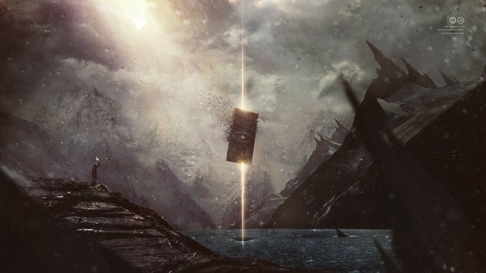 Artwork of a surreal landscape with a floating object