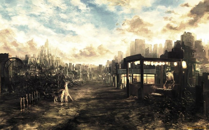 Post-apocalyptic cityscape with a girl and her dog