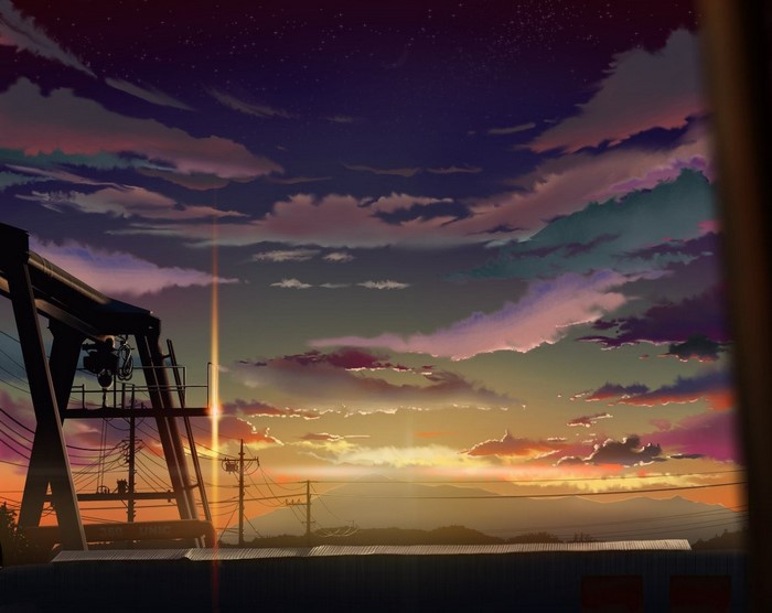 Anime sunset over industrial landscape with power lines