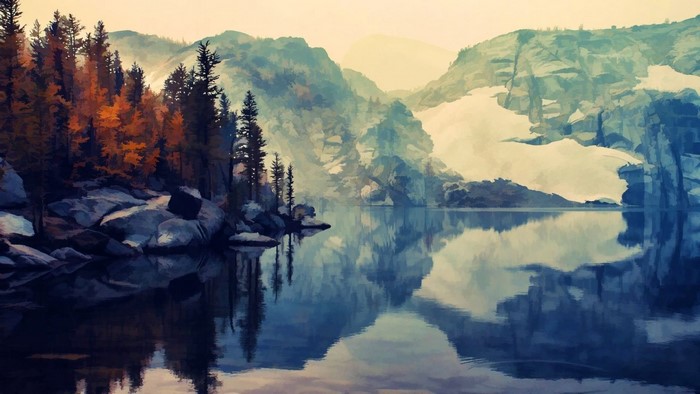 Lake reflection with autumn trees and snowy mountains