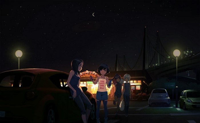 Four girls standing near cars at night with a bridge in the background
