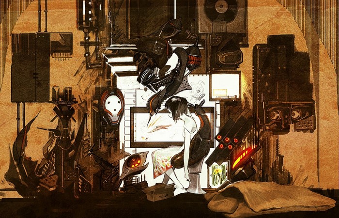 Science fiction painting with robots and a person