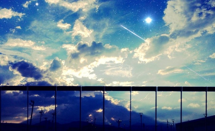 Anime sky with clouds and a shooting star