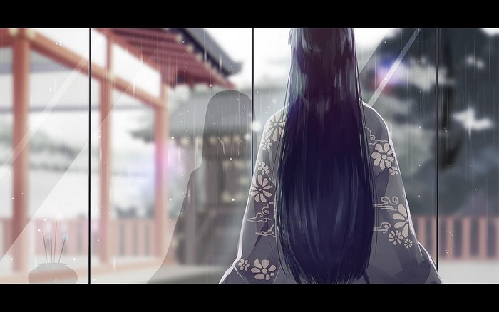 Anime girl in kimono looking out window at rain