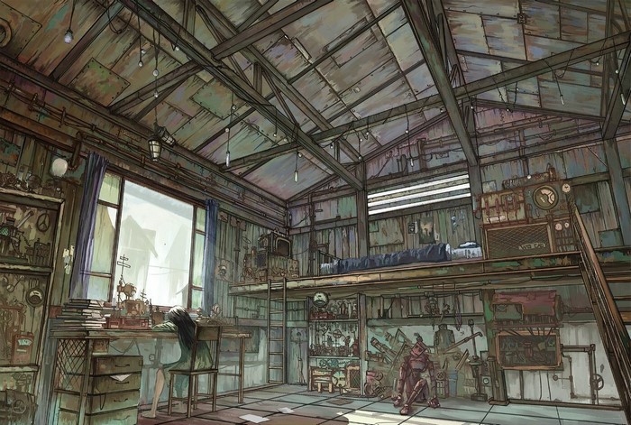Steampunk workshop with a girl at a desk and a robot