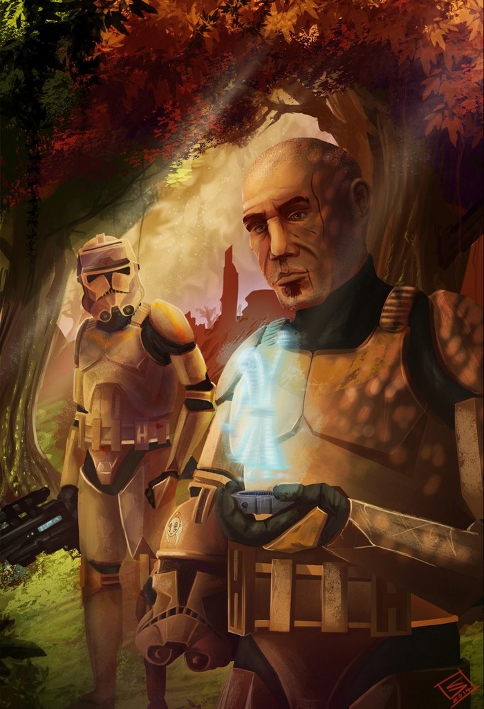 Clone Troopers in a forest with a hologram