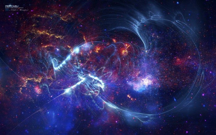 Digital art of a colorful nebula and galaxy in space