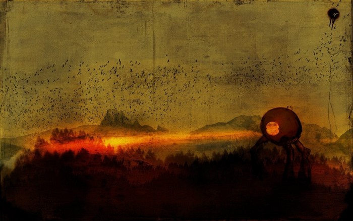 War of the Worlds painting with tripod and flock of birds