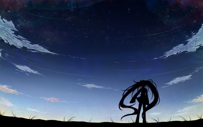 Hatsune Miku silhouette under starry sky