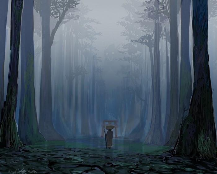A lone figure walks through a misty forest towards a torii gate.