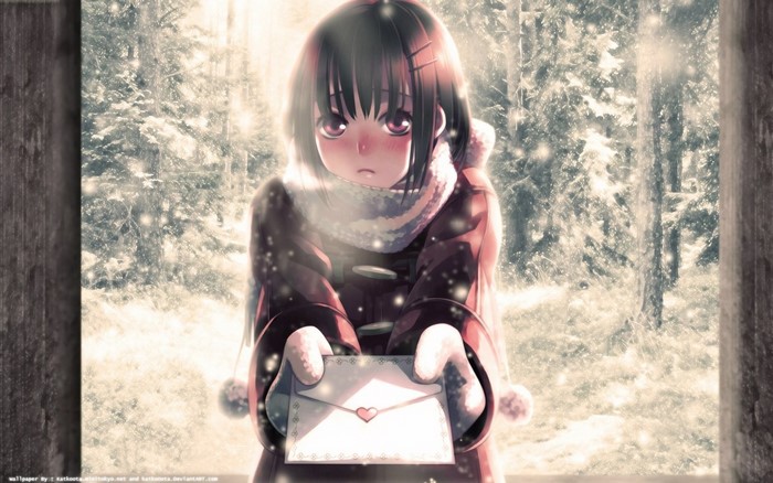 Anime girl in winter holding a letter