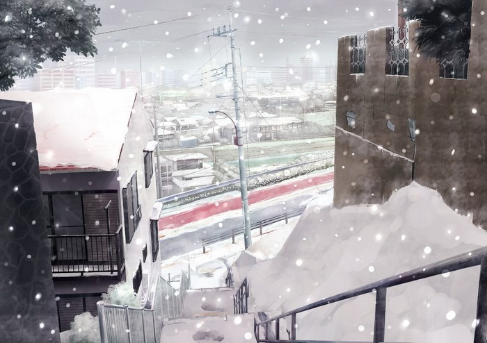 Anime cityscape in winter with falling snow