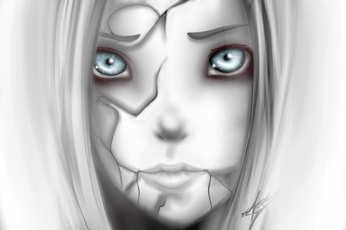 Cracked doll face with blue eyes