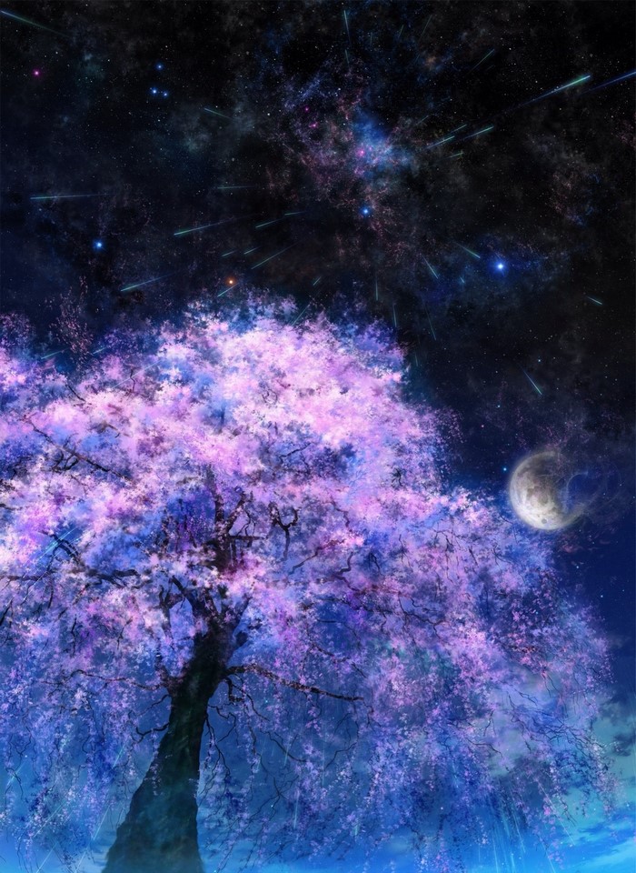 Fantasy art of a blooming tree under a starry sky