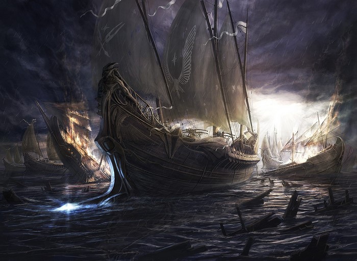 Ghost ships in a stormy sea with sunlight