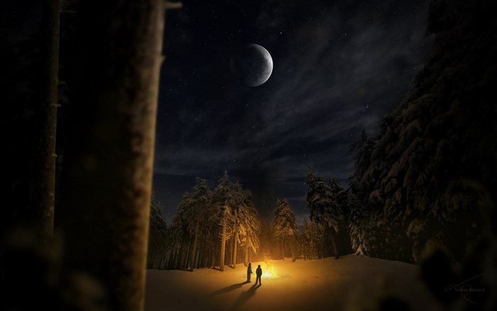 Two people by campfire under moonlit night sky in snowy forest