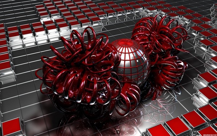 Abstract red and silver metallic shapes