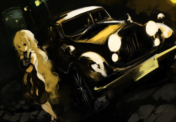 Anime girl and vintage car at night