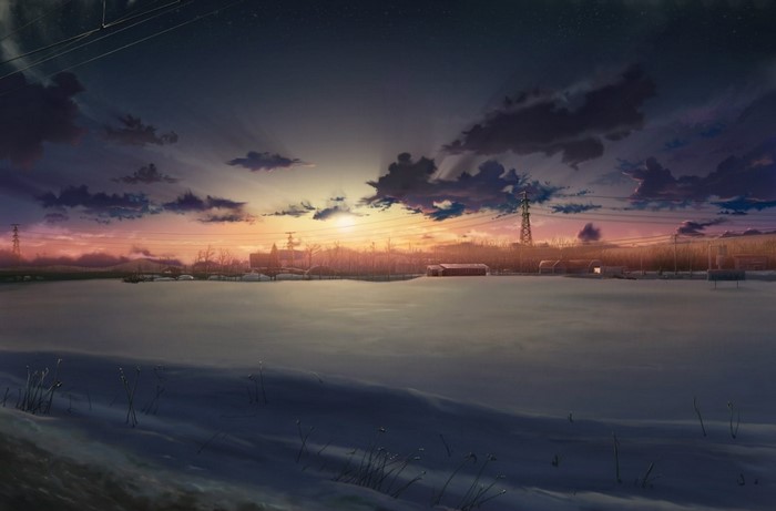 Anime landscape with sunset over a snowy field and power lines