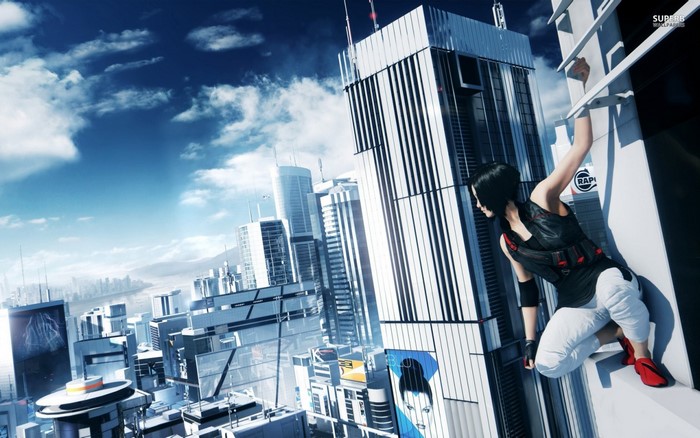 Faith Connors from Mirrors Edge parkouring on a skyscraper