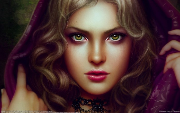 Fantasy art of a girl with green eyes and blonde hair