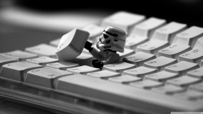 Stormtrooper from LEGO Star Wars on a computer keyboard