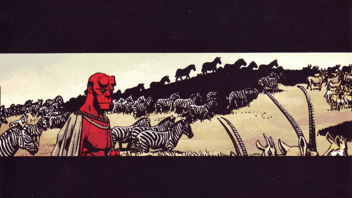 Hellboy in a savanna with zebras and antelopes