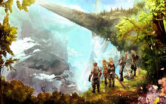 Characters from Xenoblade Chronicles in a fantasy landscape