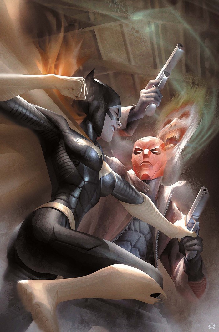 Batgirl fighting Red Hood with Joker's apparition