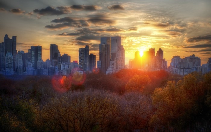 Sunset over Central Park and New York City skyline