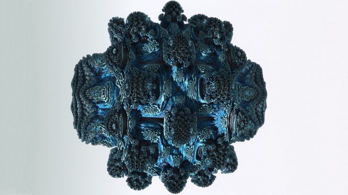 Abstract fractal sculpture with blue and black metallic texture