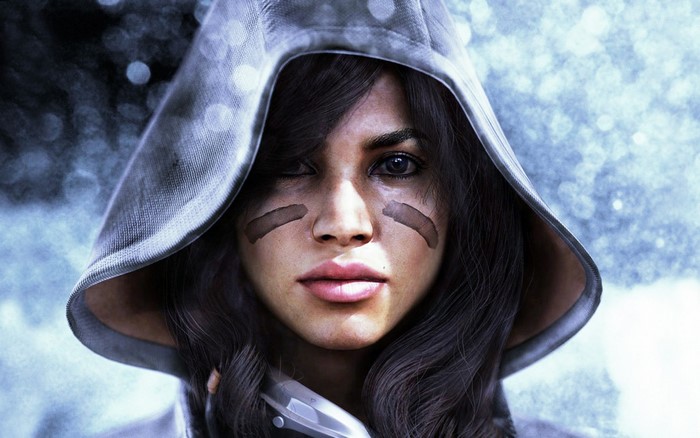 Woman with war paint and hood