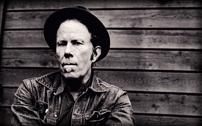 Tom Waits in black and white portrait