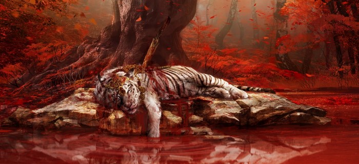 Dead white tiger with arrow in forest from Far Cry 4