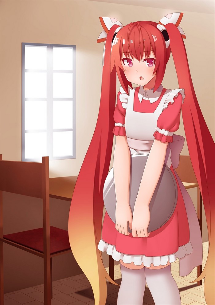Anime girl in maid outfit holding a tray