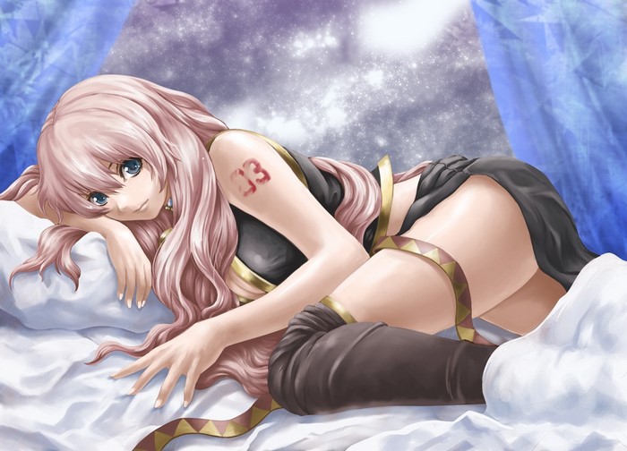 Megurine Luka from Vocaloid lying on a bed