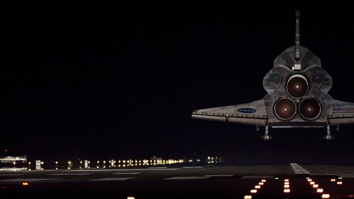 Space Shuttle Endeavour landing at night
