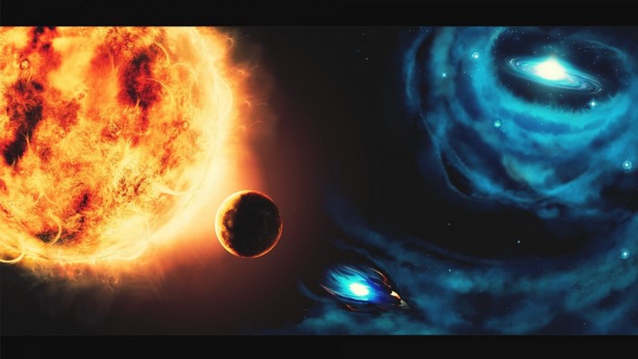 Sun, Planet, Spaceship, and Galaxy in Outer Space