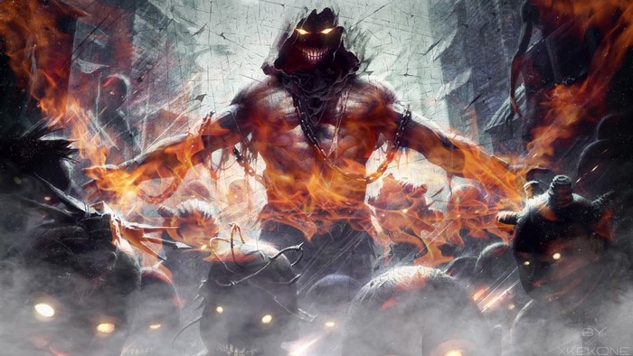 Fiery demon with chains and glowing eyes surrounded by smoke