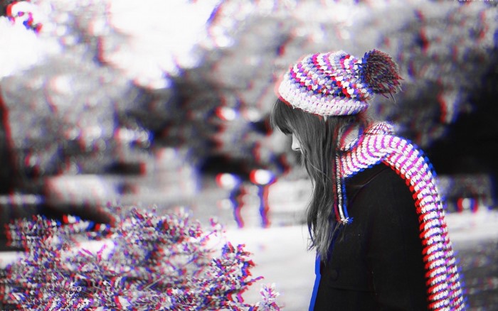 Girl in knitted hat and scarf with anaglyph effect