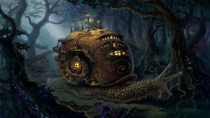 Fantasy snail house in a dark forest with lights