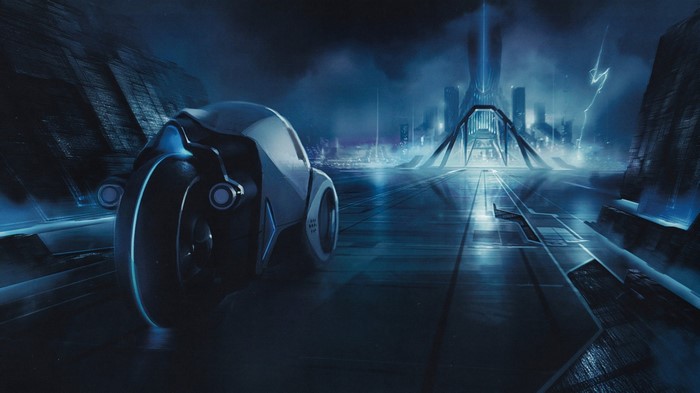 Lightcycle from Tron Legacy on a futuristic road
