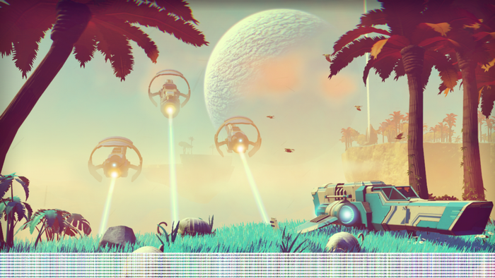 No Man's Sky screenshot with alien planet and vehicles