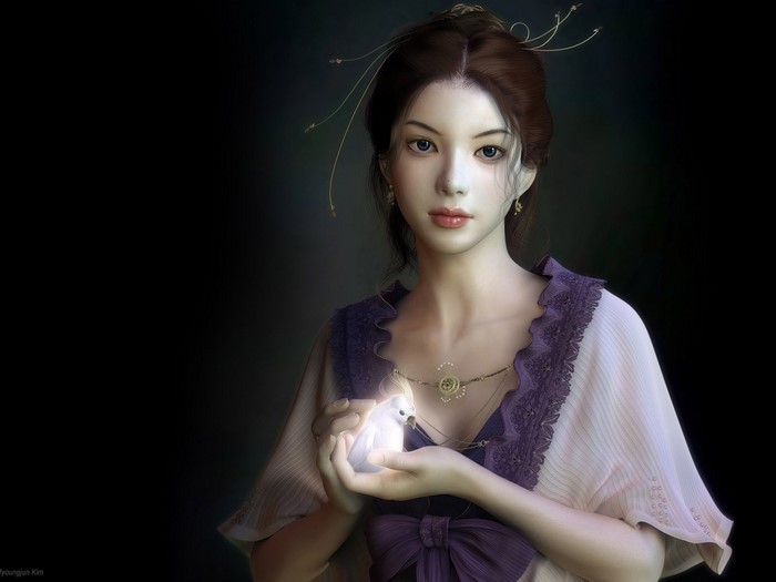 Fantasy art of a woman holding a glowing bird