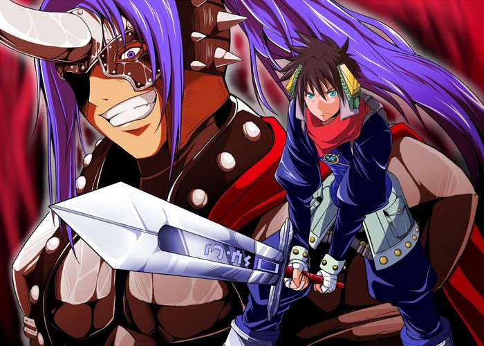 Anime characters with swords and purple hair