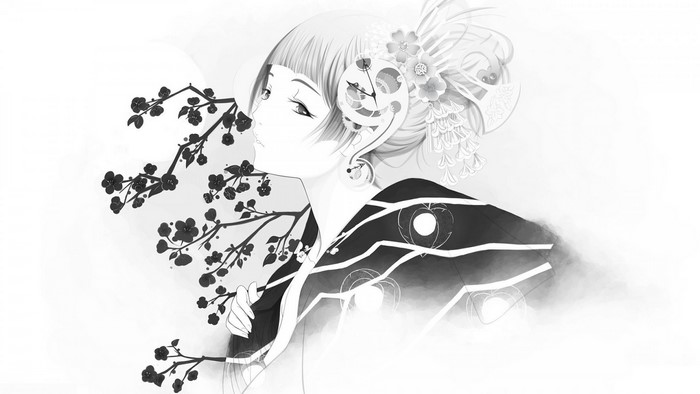 Monochrome anime girl with cherry blossoms and clockwork ear accessory