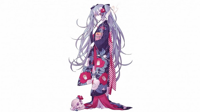 Hatsune Miku in a floral kimono with a skull