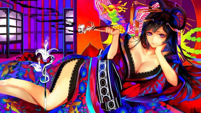 Anime girl in a colorful kimono holding a pipe
