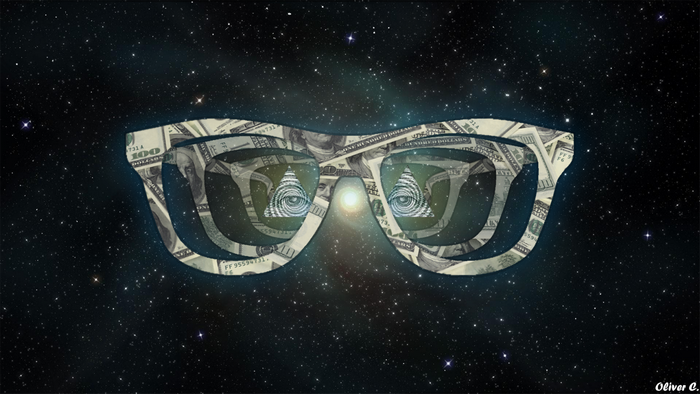 Glasses with money and Illuminati symbol in space