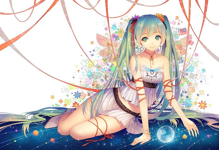 Hatsune Miku from Vocaloid with wings and ribbons in space
